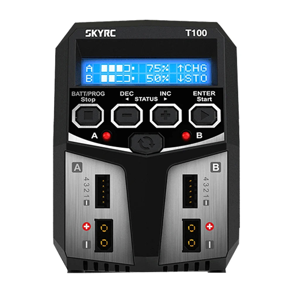 SKYRC T100 AC Dual 5A Lipo Battery Charger — 2x50W Balance Charger for 2-4S NiMH, NiCd, LiPo, LiFe, LiIon, LiHV RC Cars