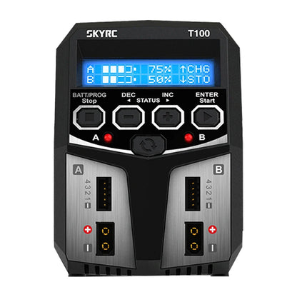 SKYRC T100 AC Dual 5A Lipo Battery Charger — 2x50W Balance Charger for 2-4S NiMH, NiCd, LiPo, LiFe, LiIon, LiHV RC Cars