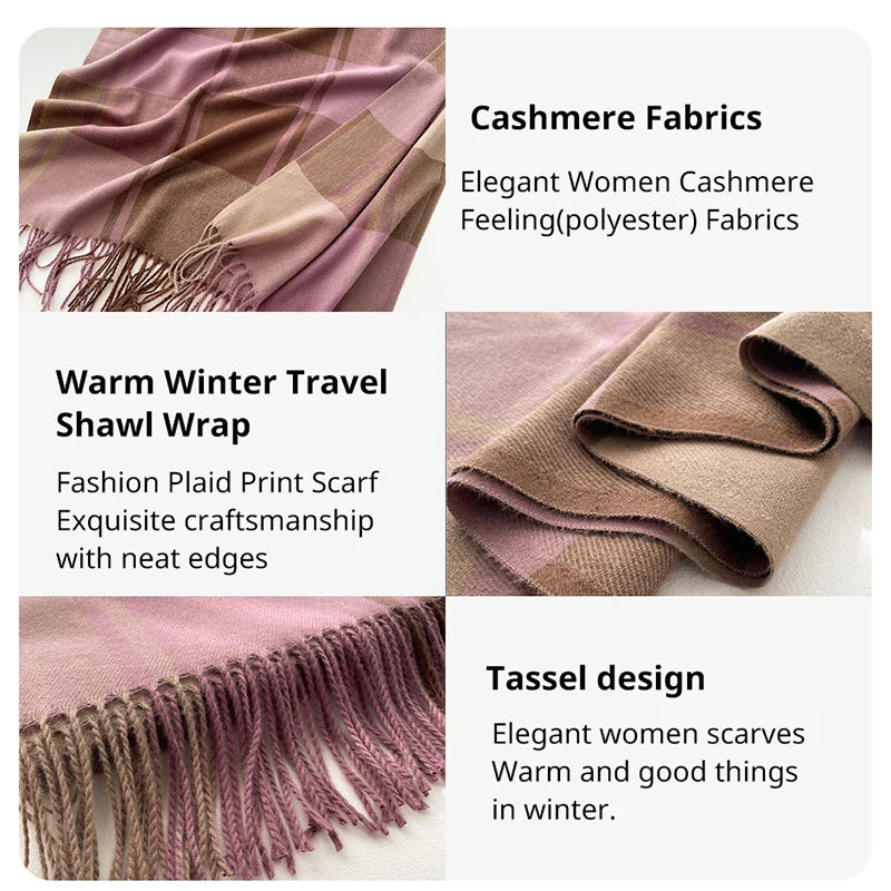 Warm Cashmere Blanket Scarf for Women - Fashionable Plaid Pashmina Shawl with Tassels, Thick Winter Wrap, Casual Poncho