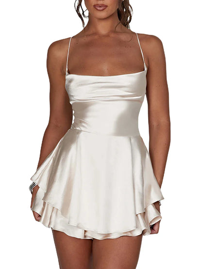 Solid Color Cami Playsuits: Women's Cowl Neck Sleeveless Short Jumpsuits - Cross Tie-Up Backless Romper for Summer Clubwear