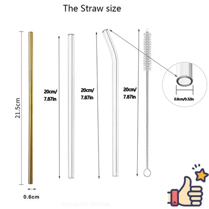 Eco-Friendly Reusable Glass & Metal Straws – 1/20PCS with Cleaning Brush for Smoothies, Milkshakes & Cocktails