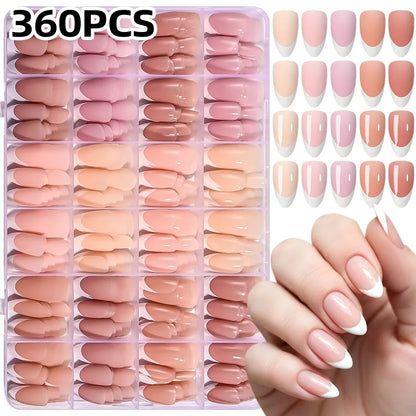 360Pcs Almond French Tip Press On Nails - Glossy Matte Full Cover White Edge False Nail Tips for Women DIY Manicure