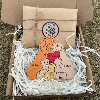 Personalized Wooden Lion Family Puzzle — Custom Name Art Puzzle for Home Decor, Anniversary & Warm Family Gift Keepsake