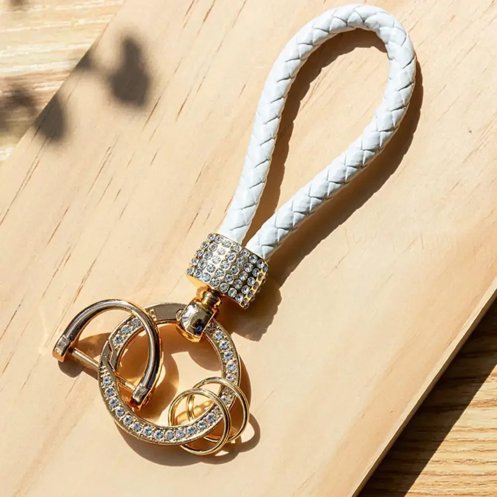 Handcrafted Braided Rope Keychain – Sparkling Rhinestone Car Key Ring, Stylish Monochrome Fashion Accessory