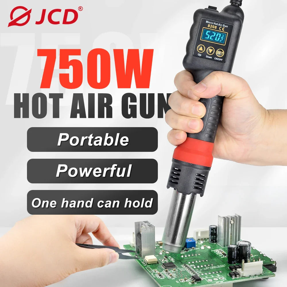 JCD Micro Hot Air Gun 8208 – 750W Soldering & Welding Rework Station, LCD Display All-in-One Heat Gun for BGA & IC Soldering