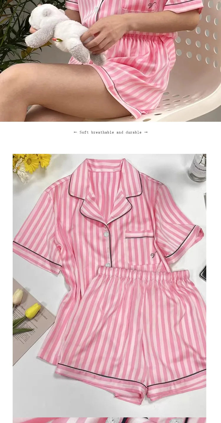 Plus Size Women’s Pajama Set – Short Sleeve Cardigan & Striped Shorts Two-Piece Homewear