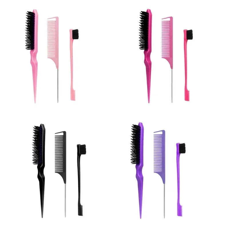 3PCS Hair Styling Comb Set – Teasing Brush, Rat Tail Comb, Edge Brush & Braid Tool for Hair Styling