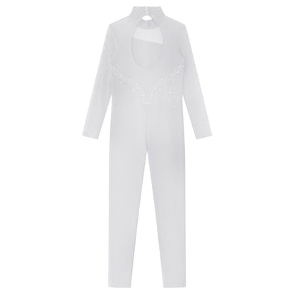 Kids Girls Long Sleeve Rhinestone Bodysuit — Full Body Dancewear Gymnastics Leotard Skating Jumpsuit