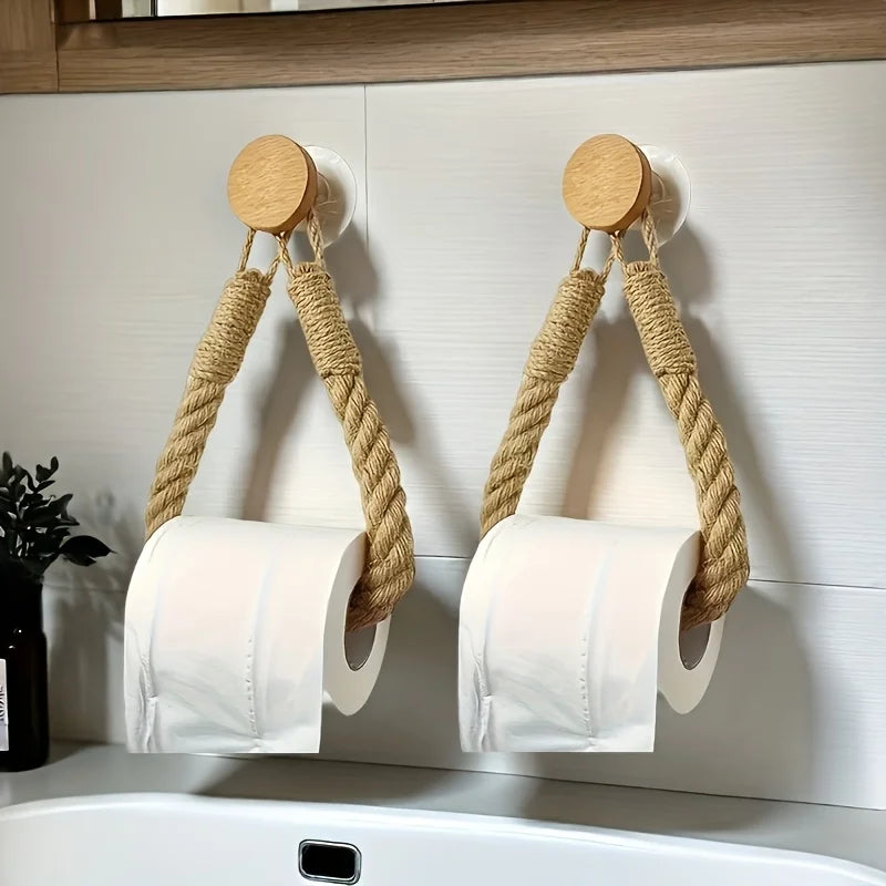 Rustic Hemp Rope Toilet Paper Holder – Self-Adhesive Wall Mount Bathroom Tissue Holder with Wooden Knob, Natural Braided Bathroom Decor