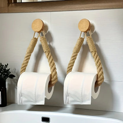 Rustic Hemp Rope Toilet Paper Holder – Self-Adhesive Wall Mount Bathroom Tissue Holder with Wooden Knob, Natural Braided Bathroom Decor
