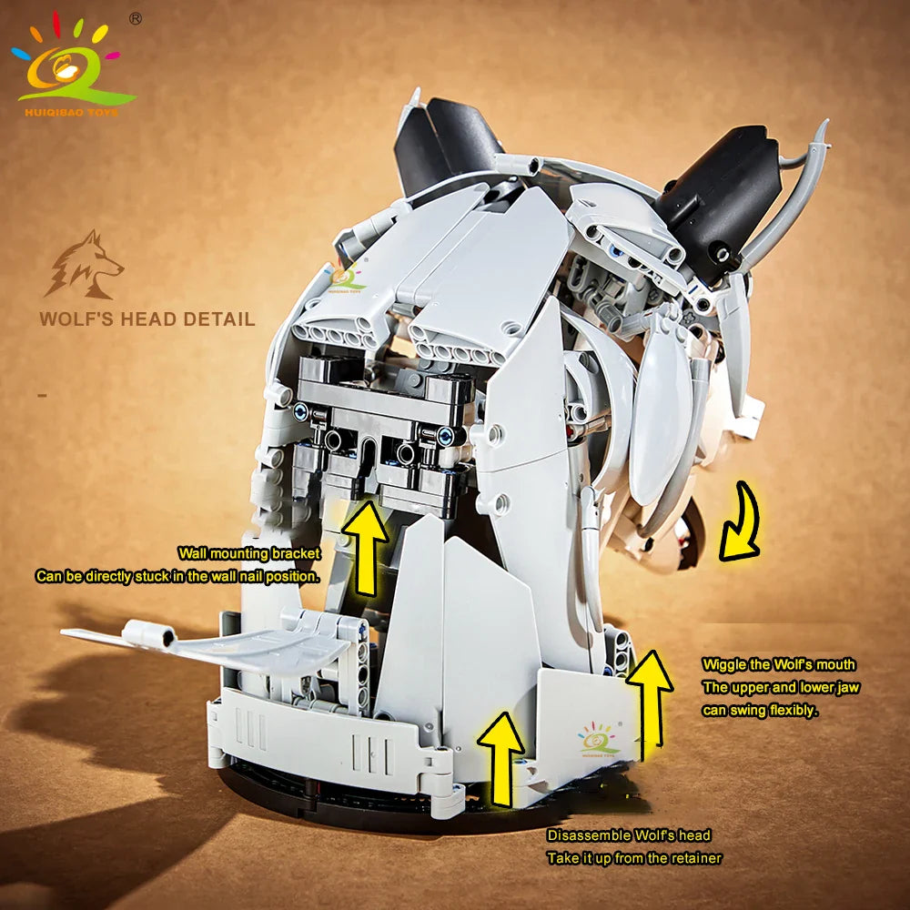HUIQIBAO MOC Animal Head Building Blocks — Wolf, Deer & Eagle Wall Decor Sculpture Toy