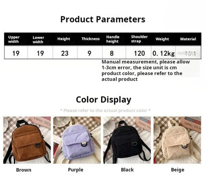 Women's Mini Backpack - Fashionable Solid Color Corduroy Casual Schoolbag with Large Capacity
