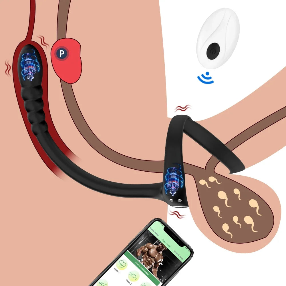 Bluetooth App-Controlled Prostate Massager – Anal Vibrator with Penis Ring & Testicle Massage for Men