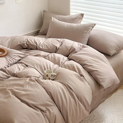 Solid Cotton Bedding Set - Sheet, Duvet Cover & Pillowcase, Single/Double/Twin/King/Queen Size