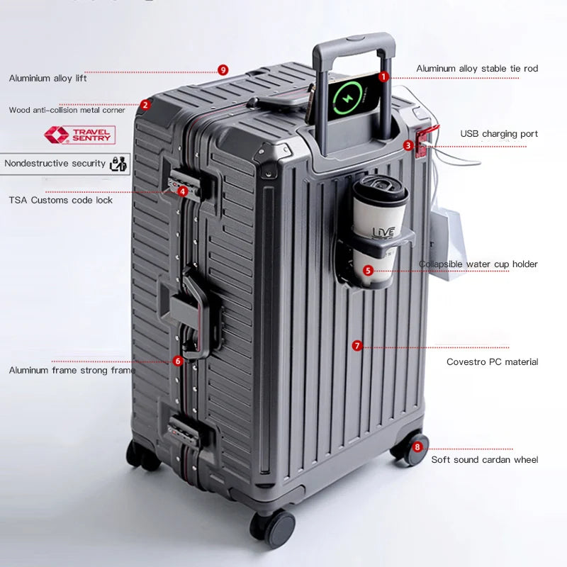 Wide Handle Travel Suitcase – Men’s and Women’s 20/24/26-Inch Carry-On Luggage with PC Aluminum Frame Trolley Case