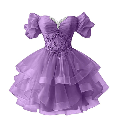 Beaded Lace Homecoming Dress - Short Tiered Tulle Sequin Prom & Quinceañera Gown