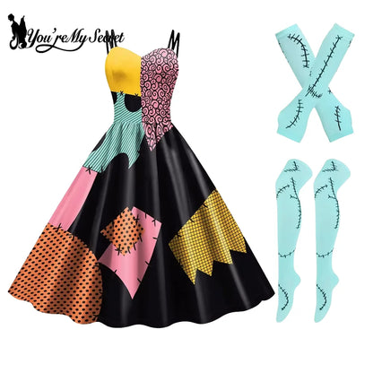 Sally Halloween Cosplay Dress Set - Long Sleeve Party Costume with Wig & Socks