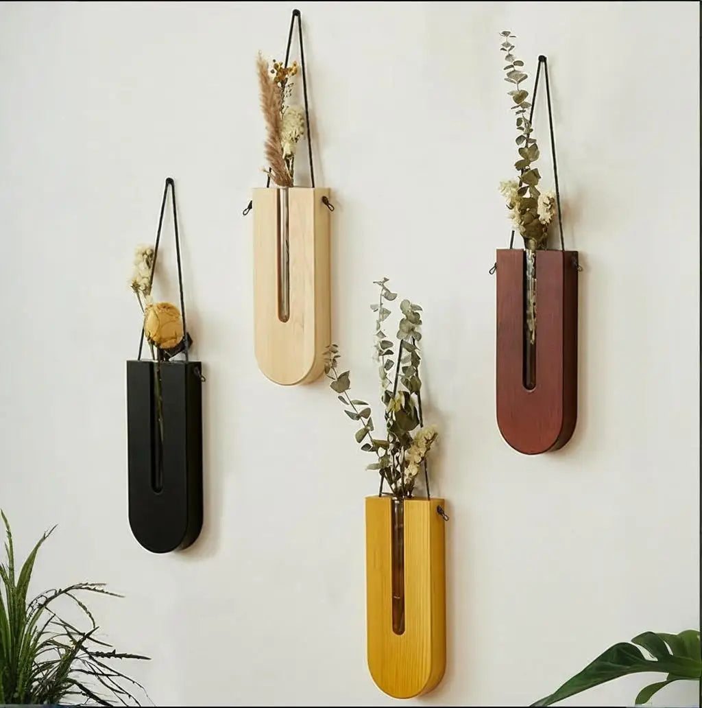 Wooden Hanging Planter Terrarium - Bohemian Wall Plant Vase with Wood Stand for Indoor Plant Propagation & Decor