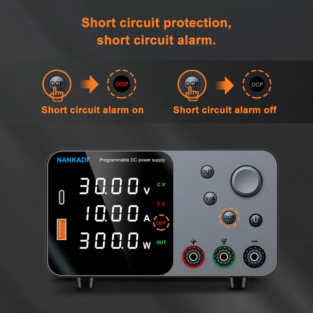 30V 10A Adjustable DC Lab Power Supply – 4-Digit LED Display, USB-A/Type-C 5V/3.6A Fast Charge with Encoder Control