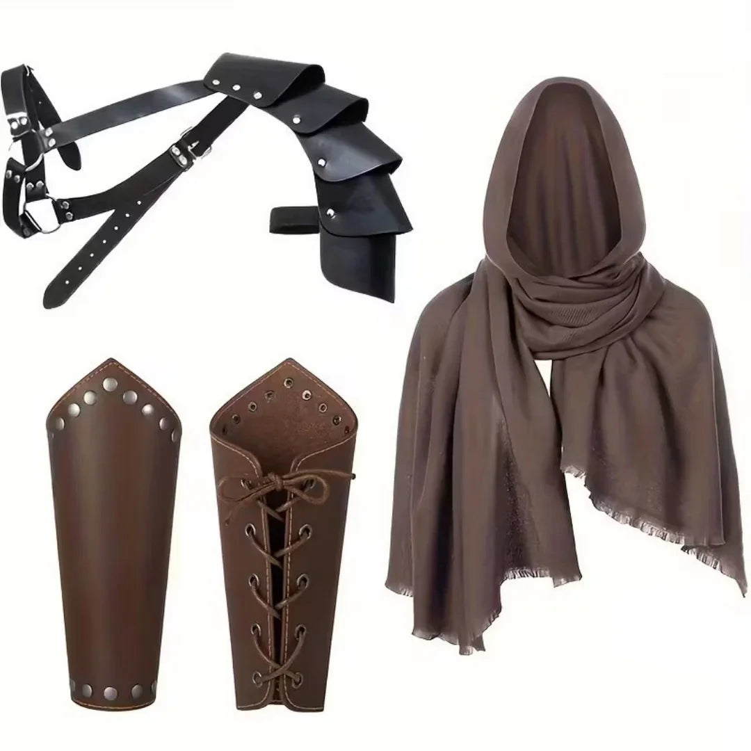 Men’s Medieval Knight Costume Accessories – Hooded Cloak, Scarf, Belt & Wrist Guard for Halloween Cosplay