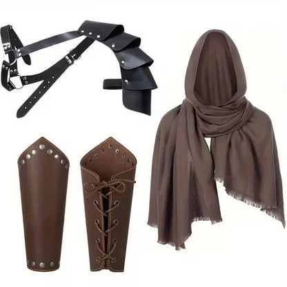 Men’s Medieval Knight Costume Accessories – Hooded Cloak, Scarf, Belt & Wrist Guard for Halloween Cosplay