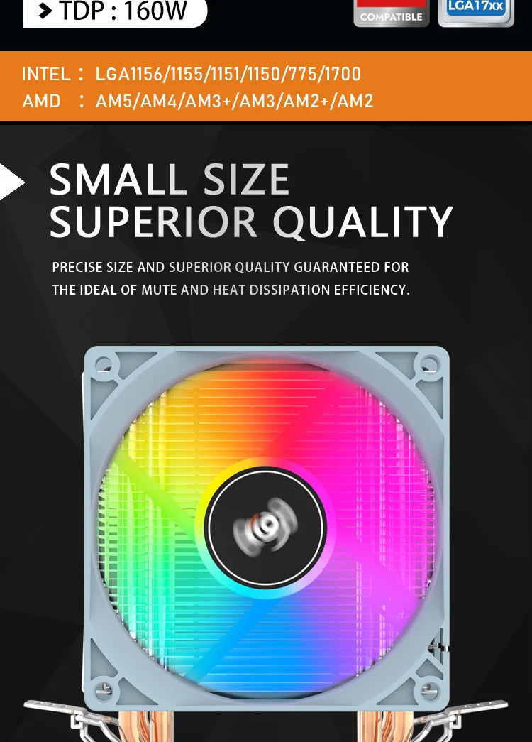 Aigo CPU Cooler — 2/4/6 Heat Pipe Radiator with 3-Pin PWM Silent RGB Fan for Intel LGA 1700/1150/1155/1156/1366 & AMD AM2/AM3/AM4