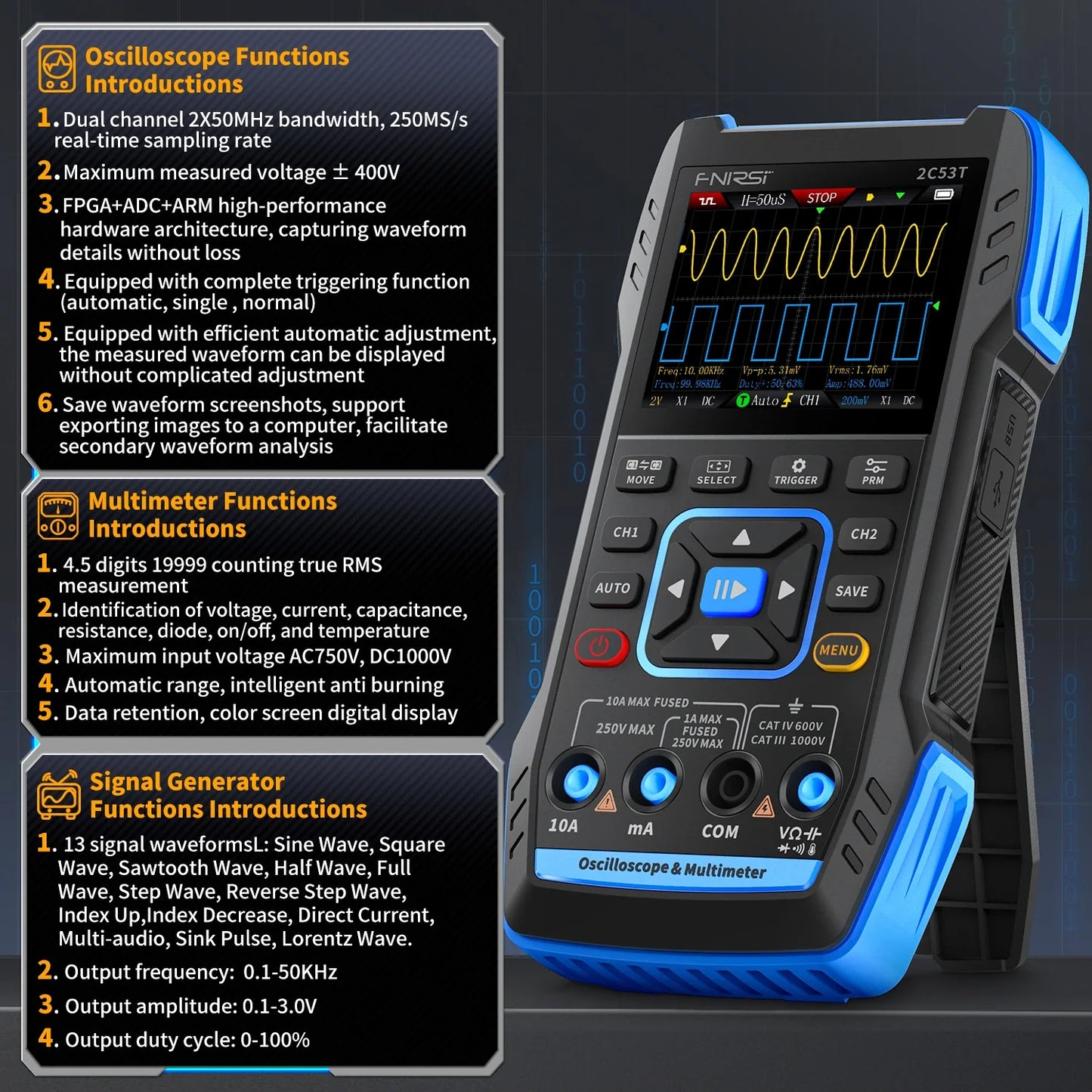 FNIRSI 2C23T / 2C53T 50MHz Handheld 3-in-1 Digital Oscilloscope Multimeter Signal Generator Dual Channel Automotive Diagnostic Tool