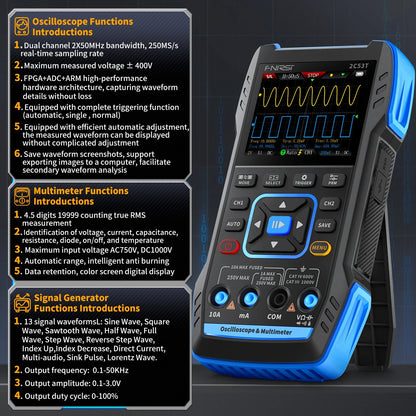 FNIRSI 2C23T / 2C53T 50MHz Handheld 3-in-1 Digital Oscilloscope Multimeter Signal Generator Dual Channel Automotive Diagnostic Tool