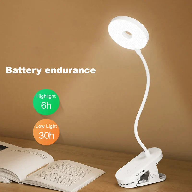 Clip-On LED Desk Lamp – Portable Book Light with Stepless Dimming, 1200mAh Eye Protection for Reading & Study
