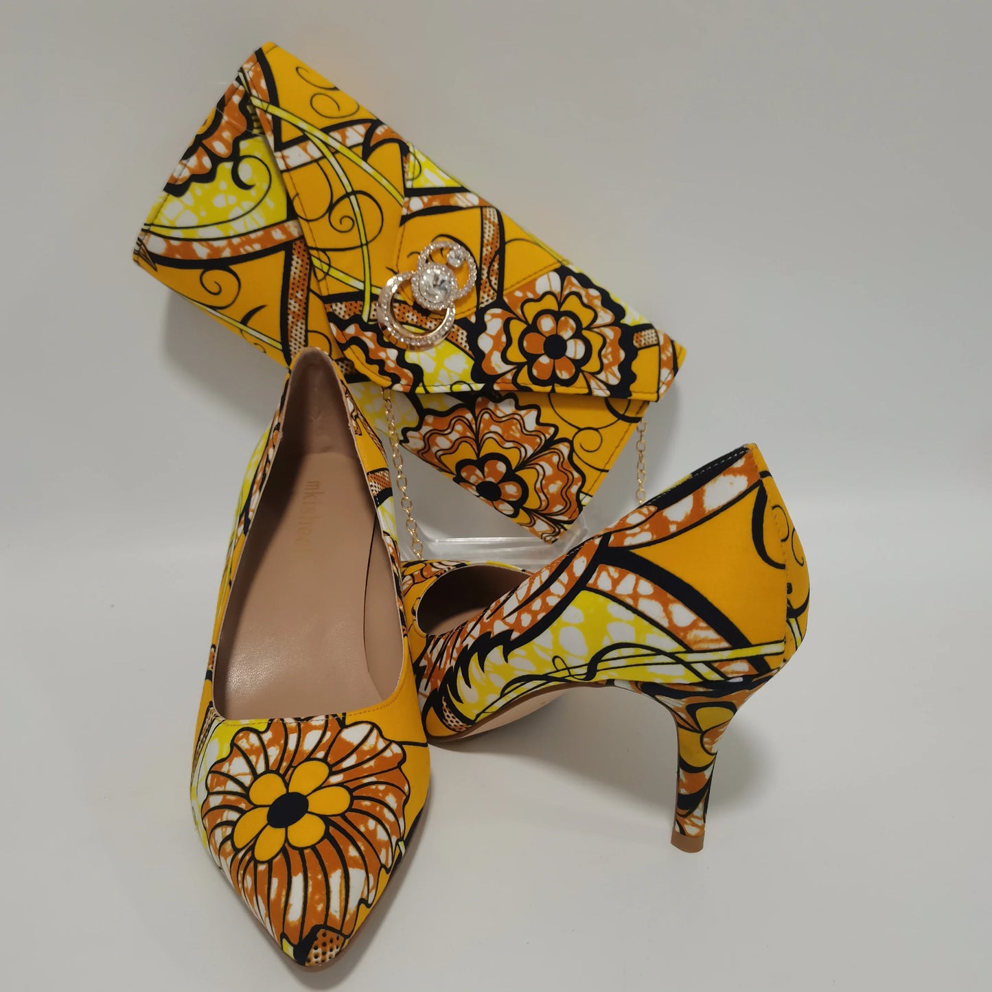 African Kente Print Women’s Shoe & Purse Set - Ankara Wax Print High Heels for Parties, Sizes 37-42