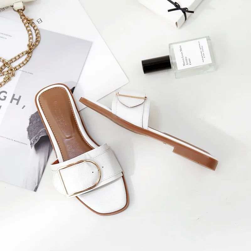 Women’s Flat Slippers — Summer Leather Square Toe Flats, Designer Slides & Luxury Sandals