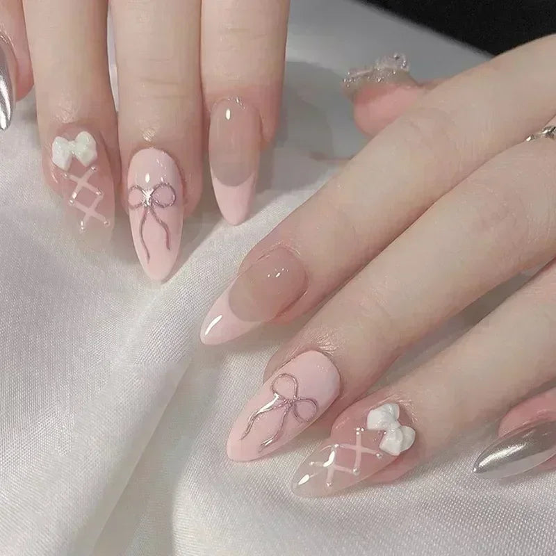 24PCS Pink Almond Press On Nails - Butterfly Ballet French Design Artificial Nail Tips for Stylish Nail Art