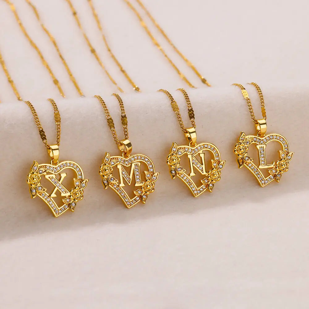 Gold Zircon Heart Initial Necklace – Stainless Steel Letter Pendant Jewelry for Women