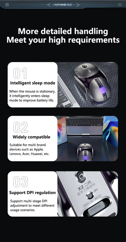 Inphic X2 Silent Bluetooth Mouse – Rechargeable Wireless Gaming & Office Mouse with Metal Base for Computer & Laptop