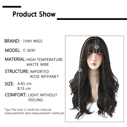 7JHH Brown Ash Long Deep Wave Lolita Wig for Women — Synthetic Hair with Bangs, Thick Curly Fashion Wig