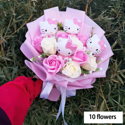 Hello Kitty Plush Bouquet — Anime Rose Soap Flowers for Wedding & Home Decor