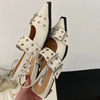 2025 Women’s Designer Flats – Luxury Buckle Slingback Sandals with Pointed Toe, Casual Mules for Ladies