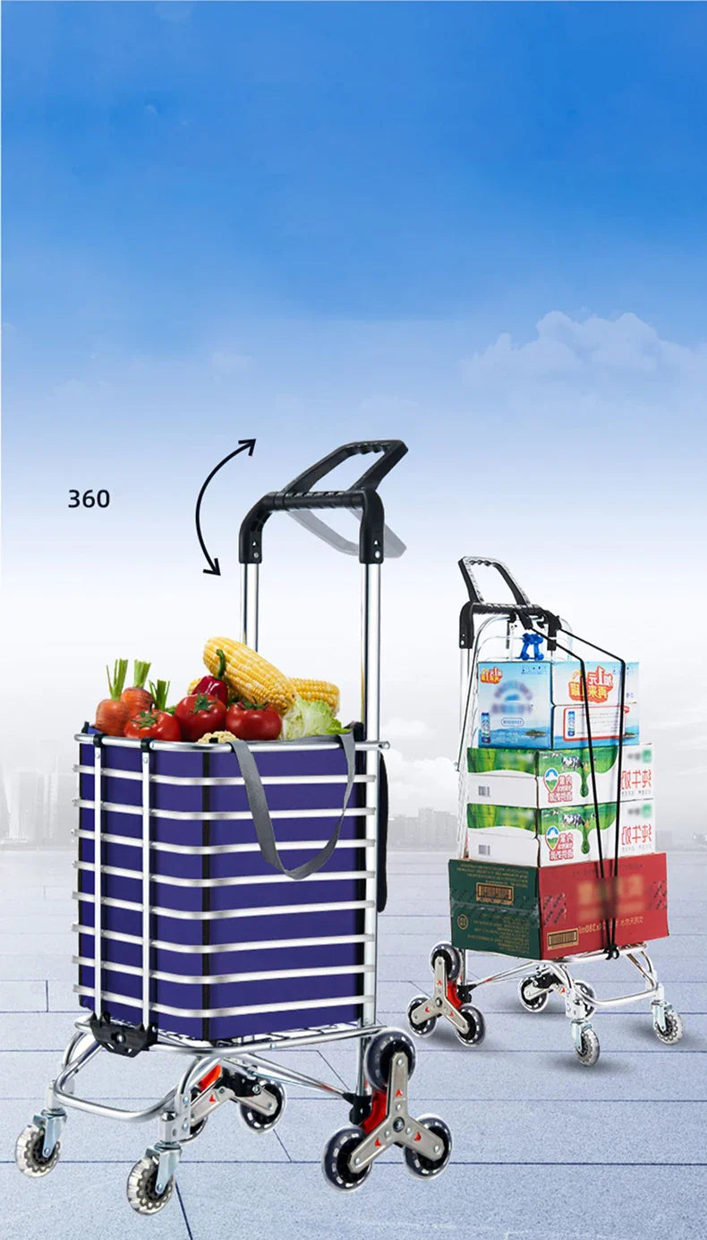 Aluminum Alloy Folding Grocery Cart – Portable Lightweight Shopping Trolley with Step Climbing for Supermarket & Food