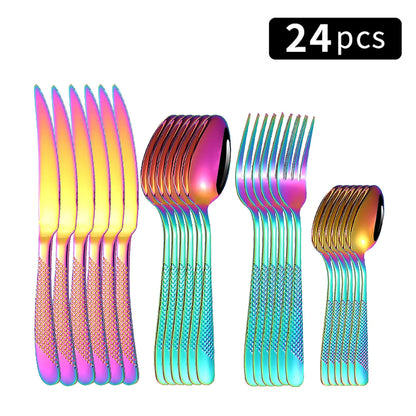 24-Piece Stainless Steel Tableware Set – Star Design Steak Knives, Forks, Dessert Forks, and Spoons for Family Use