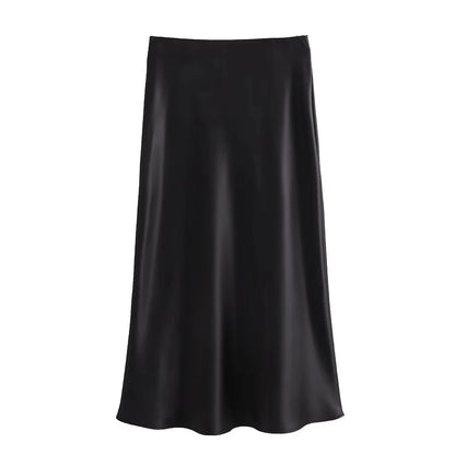 TRAFZA 2024 Y2K Women’s Long Skirt – Elastic High-Waist A-Line Satin Skirt for Spring Casual & High Street Fashion