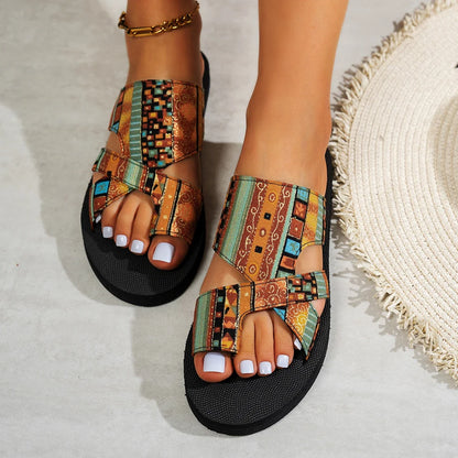 Women’s Summer Platform Sandals - Colorful Open Toe Slip-On Beach Slippers Lightweight Ethnic Style Shoes