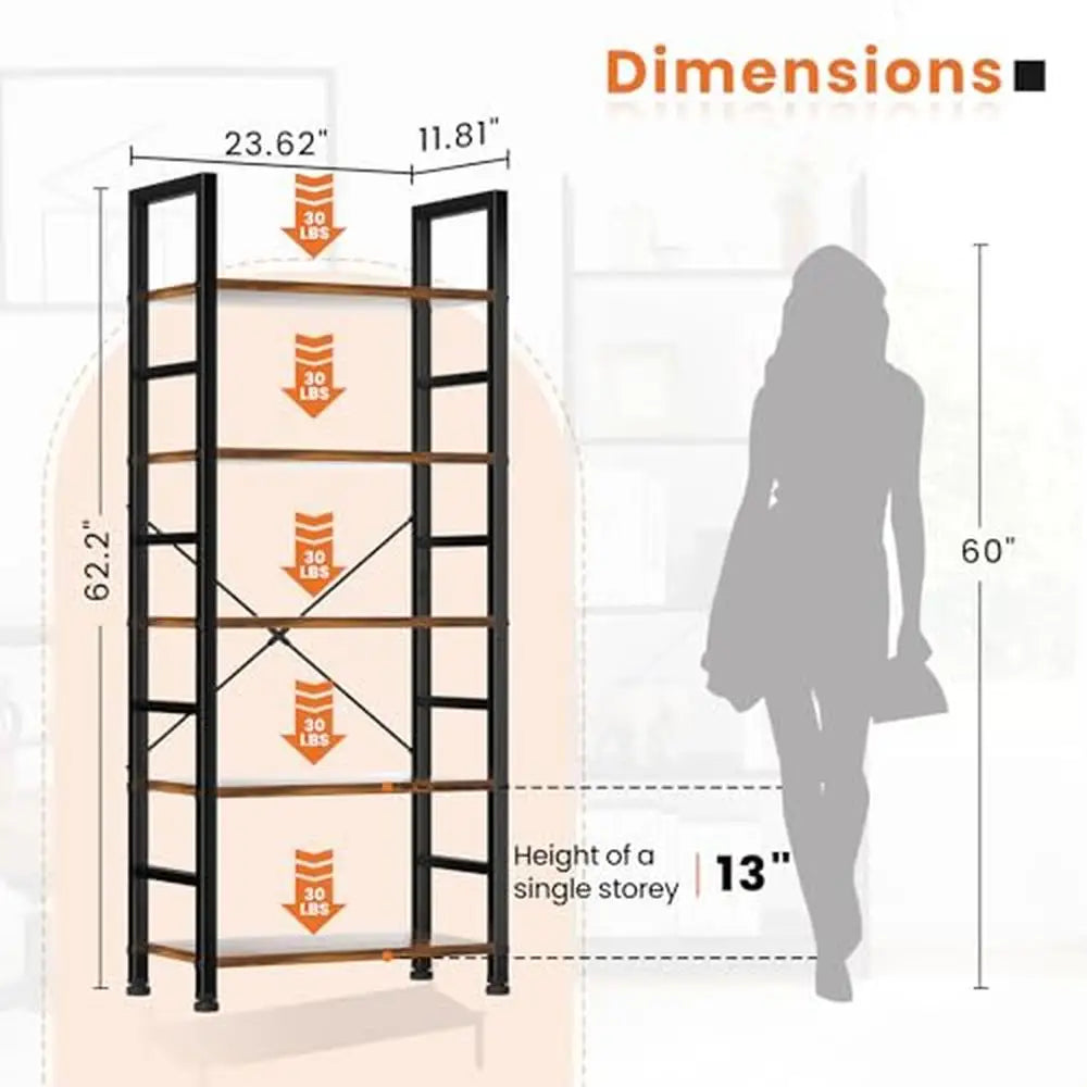 5 Tier Adjustable Bookshelf Organizer - Modern Wood & Metal Storage for Books, CDs, Movies, Garage Kits (23.62” x 11.81” x 62.2”)
