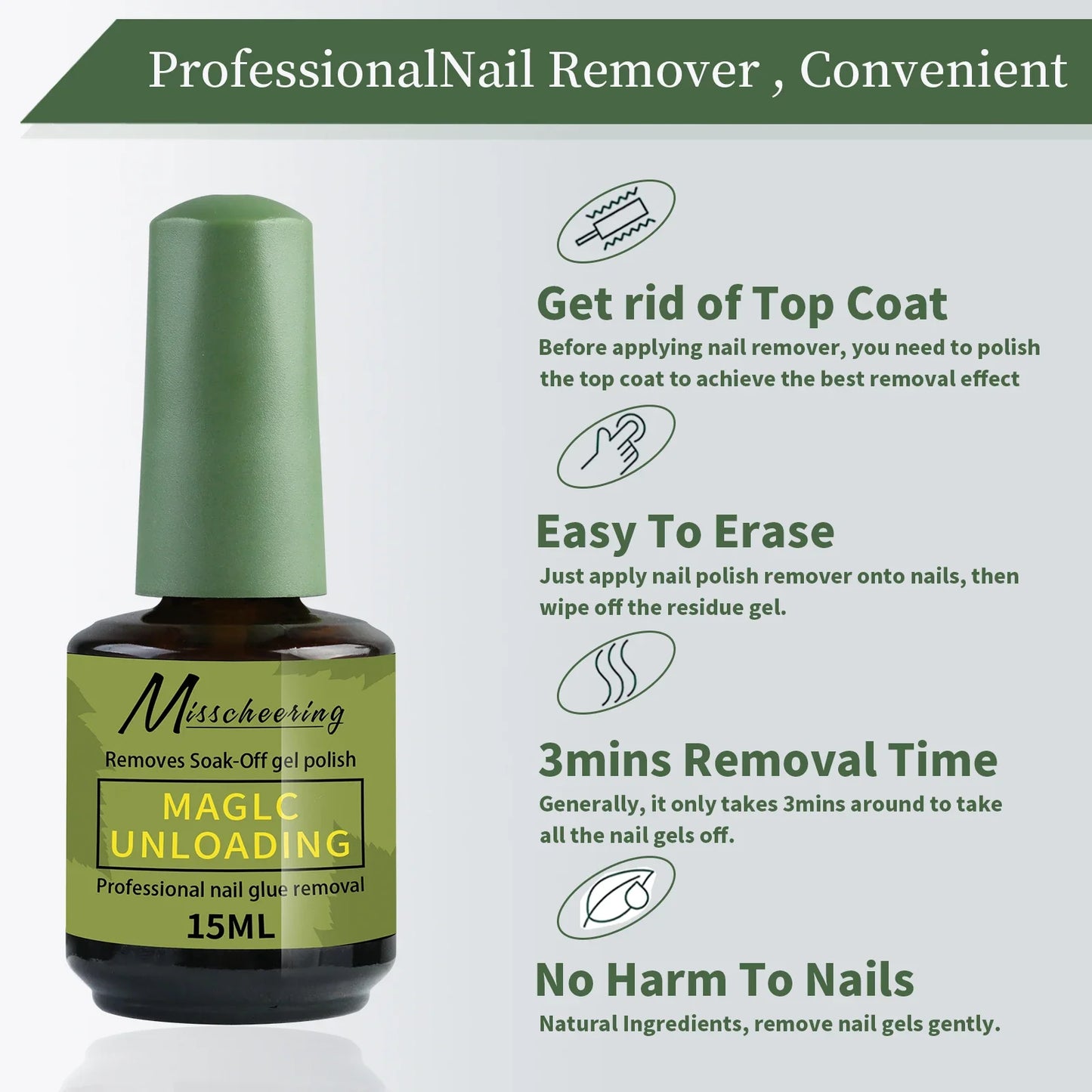 Misscheering 15ml Magic Nail Gel Remover - Fast UV Soak Off Polish Cleaner for Semi-Permanent Manicure