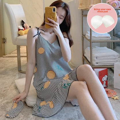 Women’s Cartoon Animal Pajama Set - Cute Loose Sling Nightgown with Bra Pad & Free Eye Mask for Sleepwear