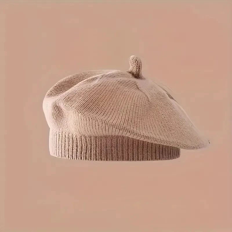 Flower Baby Beret Hat – Winter Warm Knitted Beanie for Infant & Toddler Girls, Korean Princess Artist Painter Cap Solid Color