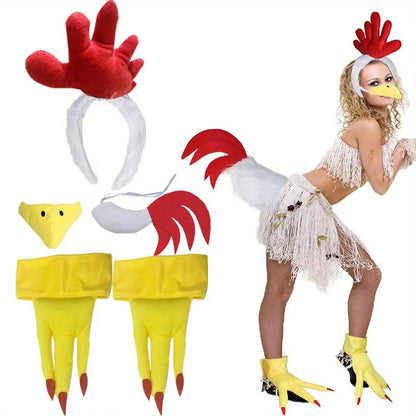 Rooster Chicken Costume Accessories - Comb Headband, Tail, Beak Mask & Chicken Feet Shoes Set