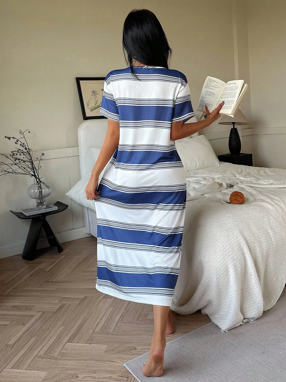 Women’s Blue & White Striped Midi Nightgown – Loose Casual Lounge T-Shirt Style Sleepwear Dress