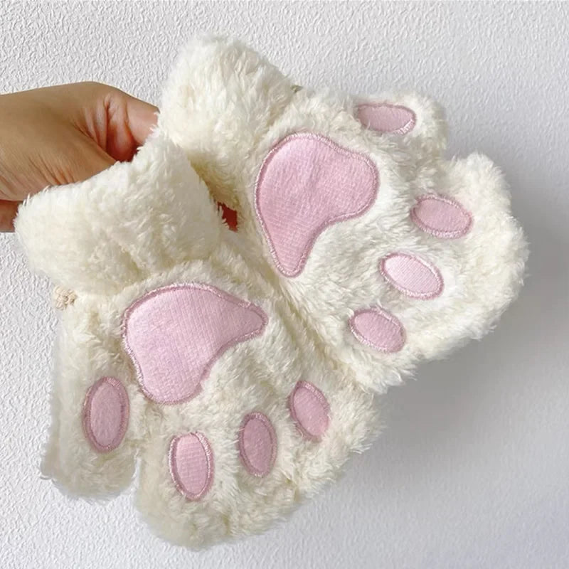 Cartoon Cute Cat Claw Paw Gloves - Women's Plush Mittens for Warmth and Style - Soft, Fingerless, Fluffy Bear Cat Costume Gloves