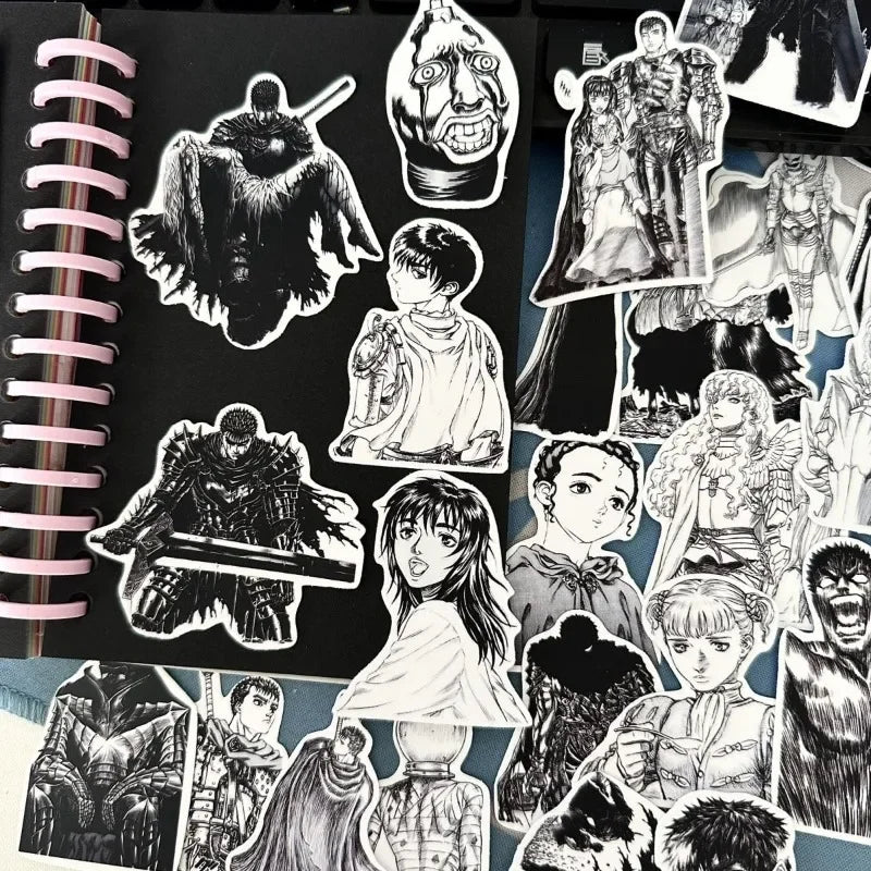 53pcs Berserk Guts Anime Stickers – Black & White Waterproof Laptop, Diary & Luggage Decals