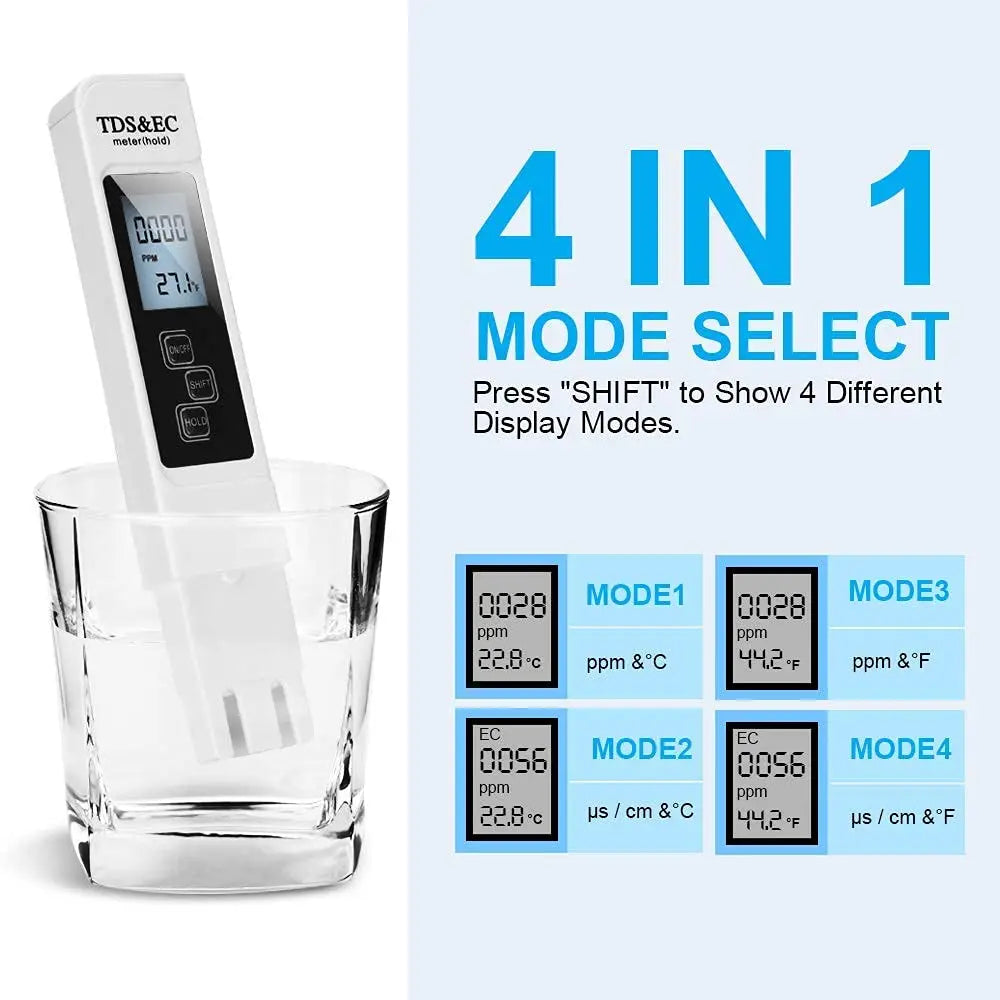 White Digital Water Quality Tester - TDS EC Meter, Multifunctional Water Purity & Temperature TEMP PPM Tester (0-9990 Range)